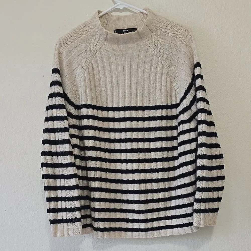 MANGO Cream and Blue Crewneck CASHMERE Sweater‎ with Nautical Stripes M